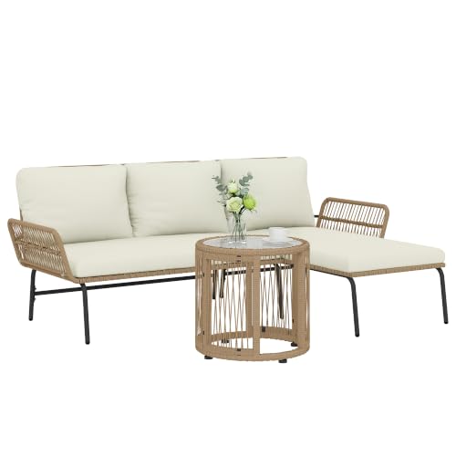 Outsunny Conjunto Jardín Exterior de Ratán con Cojines Conjunto Terraza Resistente a la Intemperie Muebles Jardín Exterior con Sofá de 2 Plazas Chaise Longue y Mesa de Tablero de Vidrio Templado Crema