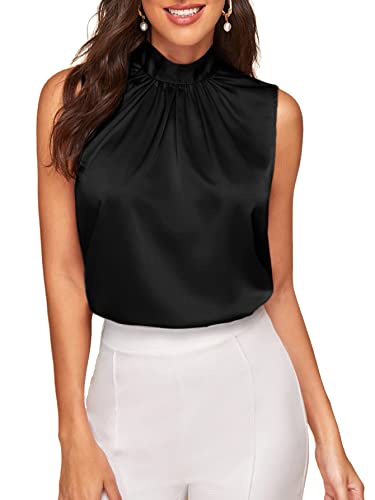 Verdusa Women's Elegant Sleeveless Satin Blouses Tie Back Pleated Dressy Work Tops Business Outfits Black Medium