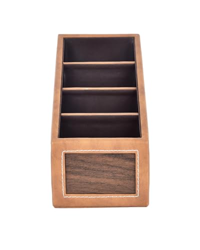 Image of Premsons Remote Holder Artificial Leather with Wooden Finish - 4 Section Tabletop Organizer for TV, AC & Office Desk Accessories - Compact & Stylish Storage Solution for Home & Office - Tan