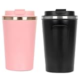 Vestamore Vasos de café para bebidas frías y calientes, 2 tazas de café aisladas, acero inoxidable 304 a prueba de fugas con tapa de un solo toque, tazas de café de viaje, 12.5 onzas, negro y rosa
