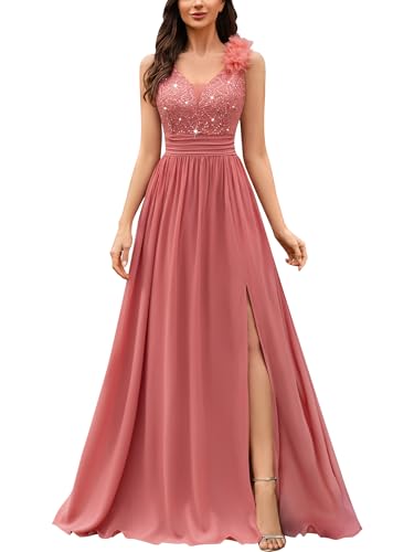 Miusol Women's Vintage V-Neck Sleeveless Sequined Split Formal Evening Maxi Dress (X-Large, Cinnamon Pink)