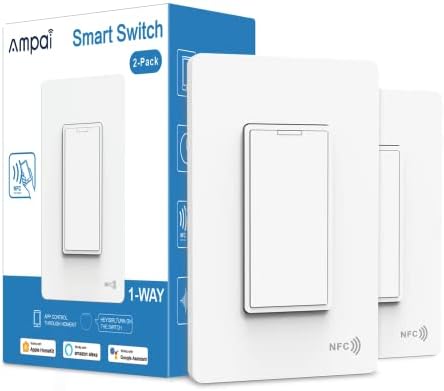 Ampai Smart Light Switch - Voice Control by Siri, Alexa, Google - Works with HomeKit - 2.4GHz Wi-Fi Smart Switch - Features NFC Tap - 1 Way Single Pole - Need Neutral Wire - 2 Pack - 10A