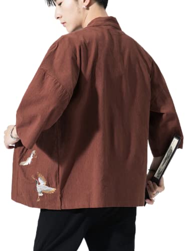 Image of Men's Japanese Kimono Cardigan Loose Cotton Linen 3 /4 Sleeve Open Front Casual Summer Shirt Jackets