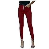 Hatop Women Pants Stretch Pencil Trousers High Waist Slim Stretch Elastic Trousers Button Pants Wine