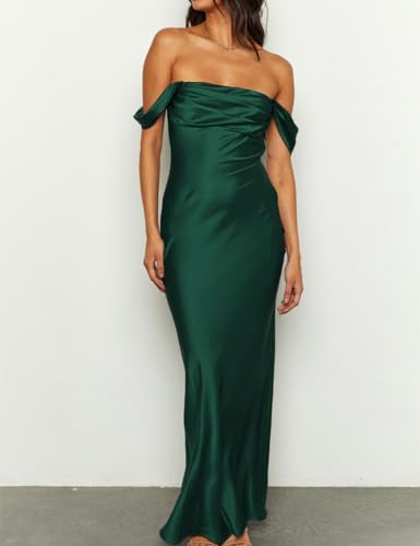 Image of Realtix Satin Off The Shoulder Strapless Bridesmaid Maxi Dress for Women