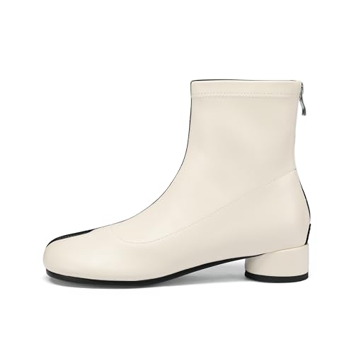 Image of Split Toe Ankle Boots for Women Tabi Japanese Ninja Shoes Low Chunky Heels Booties, Stretch Artificial Leather Boots Back Zipper