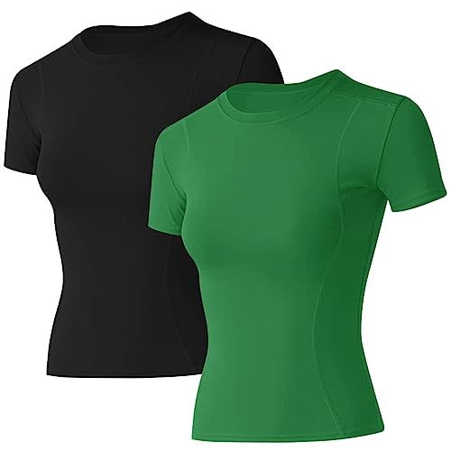 Image of Loovoo Women Workout Shirts, 1 /2 /3 Pack Short Sleeve Compression Tee | Tight Fit Gym Basic Tops, Athletic Quick Dry Crew Neck 4-Way Stretch, Flat Seams Ideal for Yoga, Gym, Running and Daily Wear