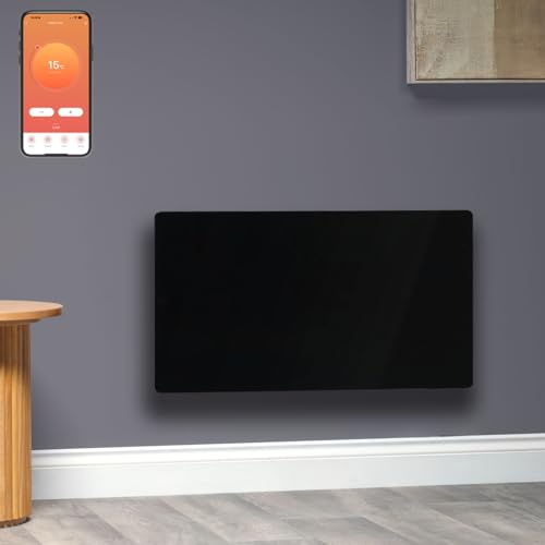 Vitra Verde Glass WiFi Electric Panel Heater/Convector Radiator With Timer, Voice Control. Splash Proof, Wall Mounted/Portable (Black, 1500W)