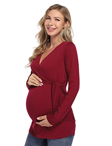 KOJOOIN Camiseta de maternidad de manga corta con cuello en V para lactancia materna, plisada, ropa de maternidad, túnica de embarazo, Vino Rojo-02, L