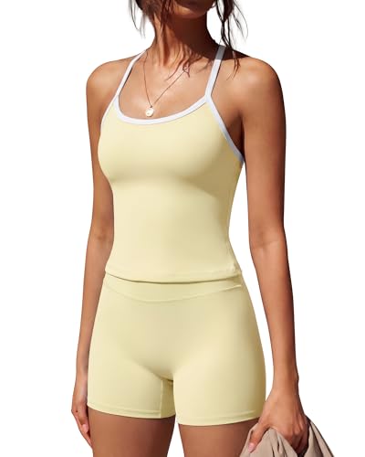 Image of SUUKSESS Women 2 Piece Workout Sets High Waisted Tummy Control Biker Shorts Halter Padded Tank Tops