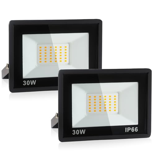 Fynokst 30W Focos LED Exterior Interior, 3240LM Súper Brillante Foco LED Exterior Interior, 3000K Luz Cálida, IP66 Impermeable Luz Exterior para Jardín, Garaje, Campo de Deportes, 2 Piezas