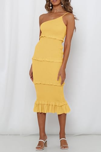 Image of PRETTYGARDEN Women's Summer Midi Bodycon Dresses One Shoulder Strappy Tiered Ruffle Floral Boho Sun Dress