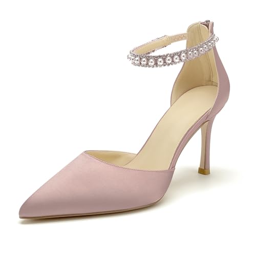 Image of Pointed Toe Pearl Wedding Shoes for Bride White High Heels Satin Bridal Shoes Zipper Back Evening Party Dance Dresses Shoes Pumps for Women