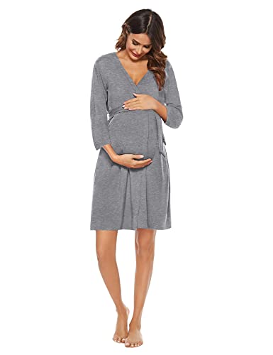Swomog Womens Maternity Robe 2 Piece Lace Nursing Nightgown For Breastfeeding 3 In 1 Labor Delivery Pregnancy Pajamas Gown Grey #TOP4
