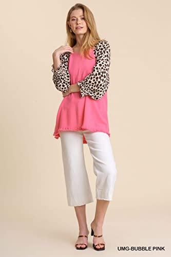 Umgee Usa Women's Leopard Sleeve Frayed Hem Tunic Top (Xl, Bubble Pink) #TOP3