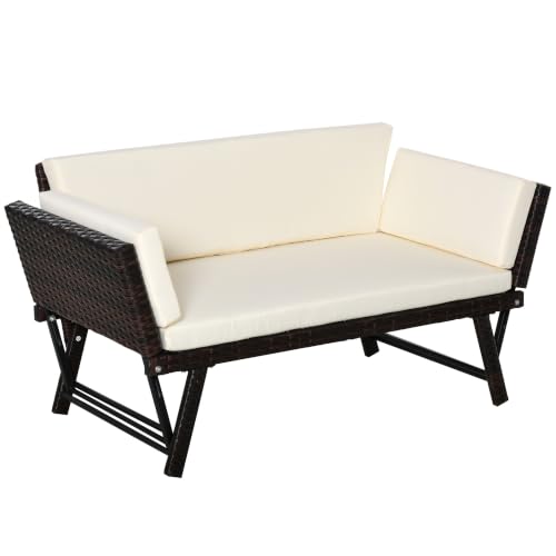 Outsunny Sofá de Ratán de 2 Plazas Convertible en Cama Individual con Reposabrazos Abatibles y Cojines Acolchados Sofá Doble para Exterior Jardín Patio Terraza 129x63x67 cm Beige