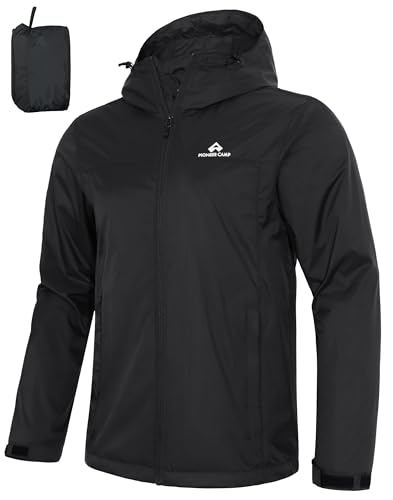Pioneer Camp Herren Regenjacke Wasserdicht Atmungsaktiv Leichte Winddicht Windbreaker Outdoorjacke with Reißverschluss Taschen und Kapuze Schwarz L