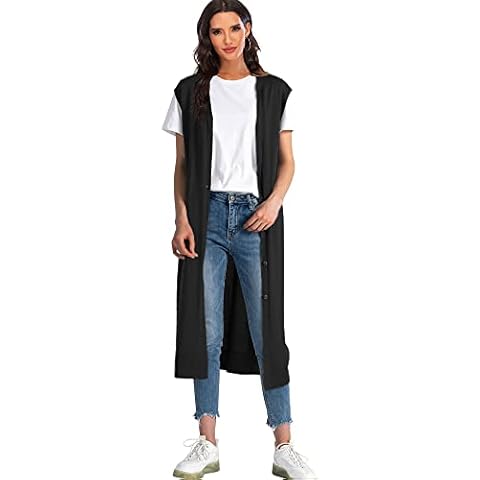 Woolicity Womens Long Vests Sleeveless Cardigan Draped Lightweight Open Front Cardigan Layering Vest, Black, Small Cover