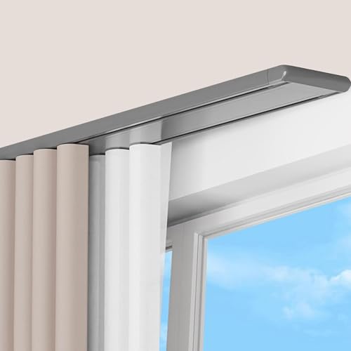 天井取り付け式ダブルカーテンレール、サイレントローラー付き高耐久天井レール、寝室・リビングルーム・病院用0.6〜6.8m間仕切りロッド(Gray,5.3m(17.4ft))