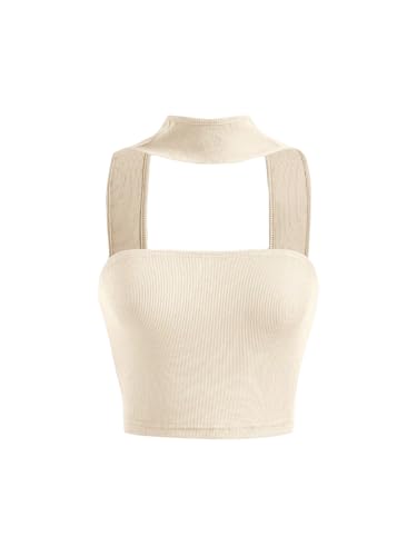 Milumia Women Strapless Halter Crop Tube Top Rib Knit Sleeveless Party Club Tops Apricot Medium