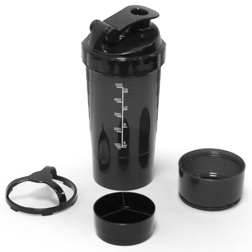 VIGIND Protein Shaker Bottle 16 oz Shake Cup for Protein Powder with Storage Sports Water Bottle Non Slip 3 Layer Twist Off 3oz Cups with Pill Tray Leak Proof Shake Bottles for Protein Mixes