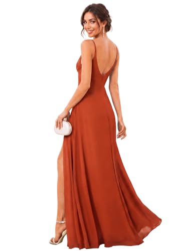 Image of Ever-Pretty Women's Summer Backless Spaghetti Straps Bridesmaid Dresses Chiffon V-Neck Slit Long Formal Wedding Guest Dress