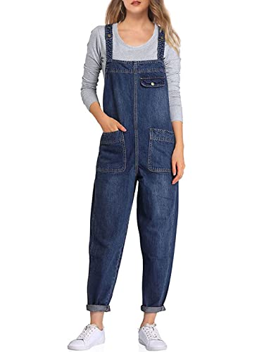 Sukany Women's Casual Baggy Denim Jean Overalls Loose Bib Dungarees Harem Romper Jumpsuit Pants Dark Blue M