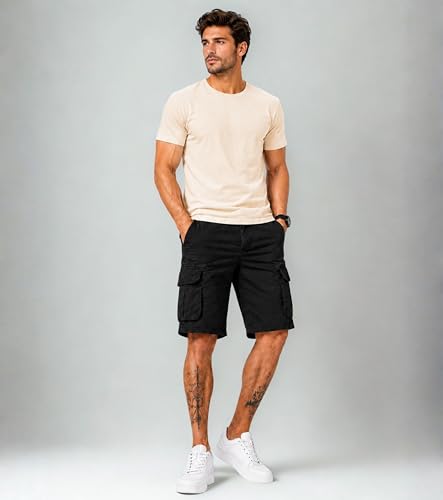 Image of L'MONTE Men's Imported Cotton Casual Relaxed Fit Outwear Cargo Shorts with Expandable Elastic Waist and Multi Pockets