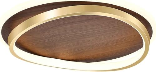 ミッドセンチュリーモダンシーリングライト器具 - ファームハウスLEDセミフラッシュマウント、3色調光、木目とゴールドリングアンティ