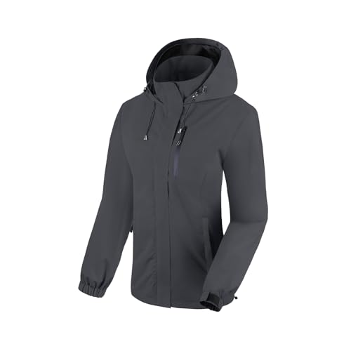 BATHRINS Regenjacke Damen Wasserdicht Atmungsaktiv Wanderjacke Windbreaker Damen Leicht Outdoor Jacke Mesh Gefüttert Fahrrad Jacke mit Kapuze(Dunkelgrau,L)