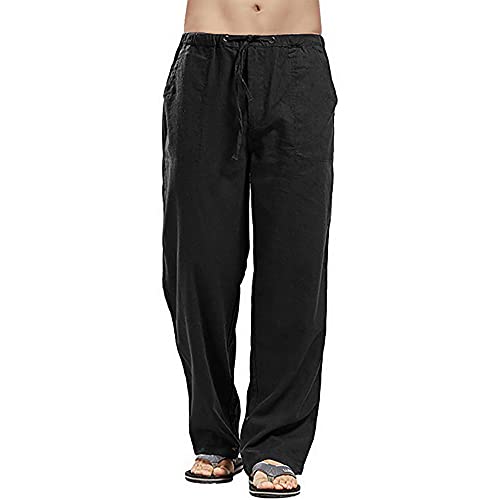 Herren Leinenhose Lang Leicht Loose Fit Freizeithose Sommerhose Mit Kordelzug Seitetasche Strandhose aus Baumwollmischung Sommerhose Freizeithose für Männer Einfarbig (L,Schwarz) Cover