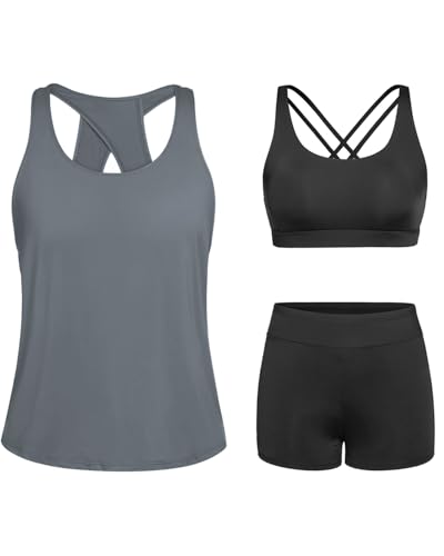 Tempt Me 3 Piece Tankini Swimsuits for Women Athletic Bathing Suits Swim Tank Top with Boy Shorts and Bra Modest Swimwear