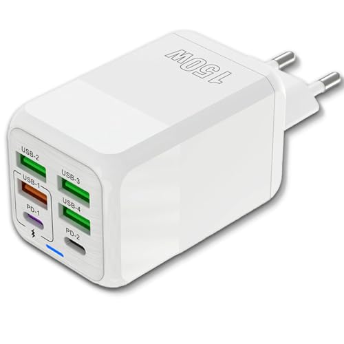 3-Stars - Cargador de 150W con 6 Puertos - 2 Tipo C y 4 Tipo A - Carga Rápida QC 3.0 - Compatible con Dispositivos iPhone, Samsung, Xiaomi - Certificado CE - Color Blanco