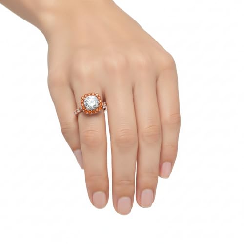 Image of Choose Your Gemstone Round Diamond CZ Square Halo Ring Rose Gold Plated Round Shape Petite Engagement Rings Matching Jewelry Wedding Jewelry Easy to Wear Gifts US Size 4 to 12