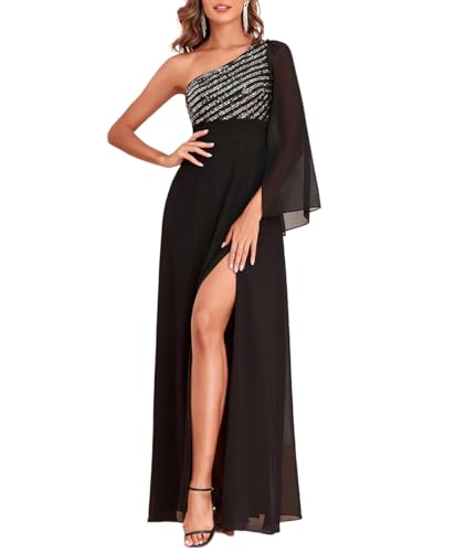 Women's Sparkly Sequin Dress Glitter One Shoulder Split Bridesmaid Cocktail Formal Evening Gowns Ball Dresses
