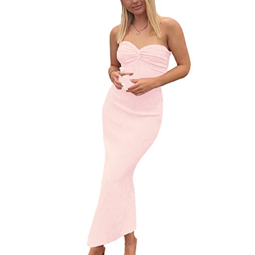 Image of WFHFNJW Women Sexy Twist Knot Front Ribbed Knit Bodycon Bandeau Tube Dress Casual Solid Strapless Maxi Long Dress