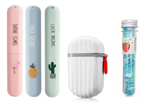 Image of YUVEO Travel Toothbrush Cover, Tongue Cleaner Cover, Multicolor Design with Pineapple, Cactus & Flamingo Patterns and Soap Case and Tube Paper Soap