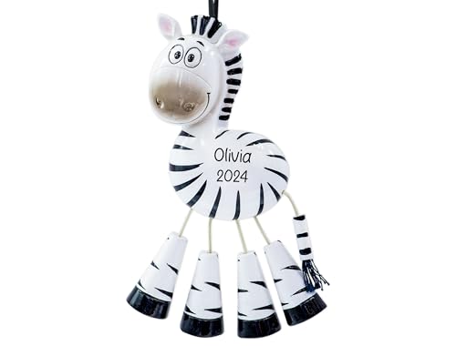 UniqXmas Personalized Zebra Christmas Ornament 2025 | Smiley Striped Animal with Dangle Legs for Xmas Tree | Unique Zoo Jungle Wildlife Safari Keepsake Ornament - Custom Name & Year