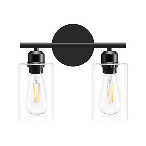 Espird 2 Light Bathroom Vanity Light Fixtures Black,Rustic Farmhouse Bath Vanity Light Over Mirror Sink Modern Industrial Wall Lamp Hallway lamp with Clear Cylinder Glass Shade - Thumbnail 2