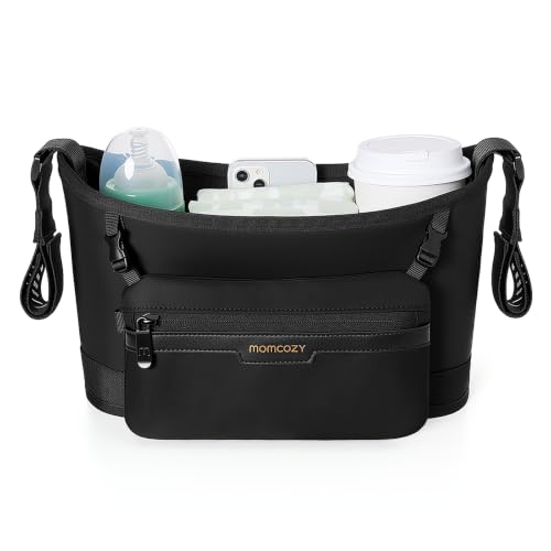 Momcozy Universal Stroller Organizer Slim Stroller Caddy with 2 Insulated Cup Holders Non-Slip Silicone Straps Detachable Mini Pouch Dense-Weave Parent Console for UPPAbaby Doona Graco & More