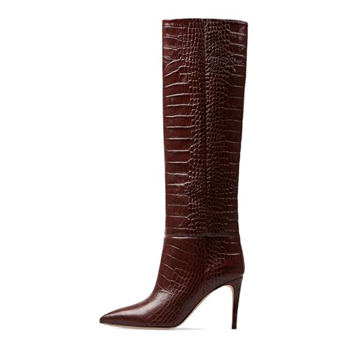 keleimusi Women's Knee High Boots in Crocodile Embossed Pointed Toe Stiletto Pull-on Shoes for Women