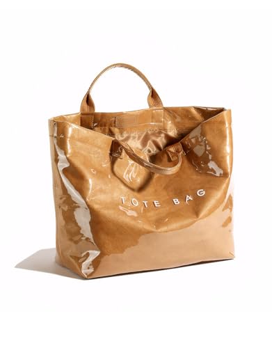Image of PVC Tote Bag Gifts for Women Large Tote Purse Kraft Paper Letter Print Hobo Handbags for Work Beach Shopping Travel