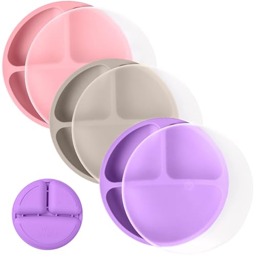 Image of WeeSprout Silicone Plates for Babies & Toddlers (3 Pack) 100% Food-Grade Dishes for Self Feeding, Divided Design & Raised Edges for Picky Eaters, Dishwasher & Microwave Safe Weaning Supplies