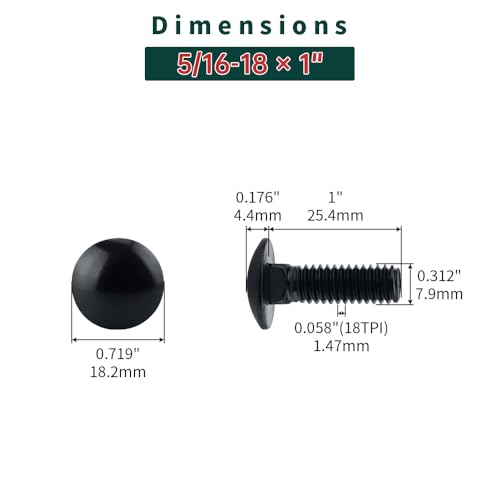 Image of 5 /16-18 x 1 inch Black Carriage Bolts with Nuts and Washers Kits (10 Sets), 304 Stainless Steel 18 /8, Black Finish, Round Head, Square Neck, Heavy Duty Bolts, Indoor Outdoor Fastening Bolts, Fayeploo