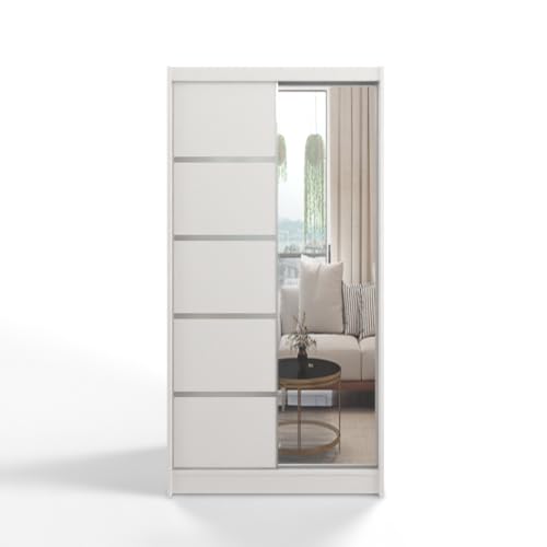 Gaba furniture White Series 100 cm Sliding Door Wardrobe with Mirror Widths 100/120/150/180/200/250 cm Furniture for Bedroom Living Room Wardrobe with Hanging Rail