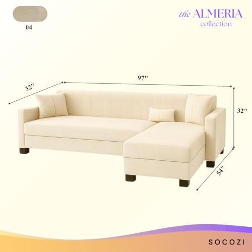 Image of SOCOZI Almeria 5 Seater RHS L Shape Sofa Set | Soft Velvet Suede Fabric | Modern Design | Plush Comfort Cushions for Living Room (Cream)