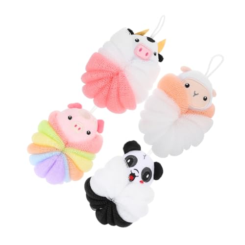 SMASOLO 4個 動物デザインバスボール 速乾性メッシュボディスポンジ 肌に優しい泡立てシャワースクラバー 吊り下げ収納可能バス用品