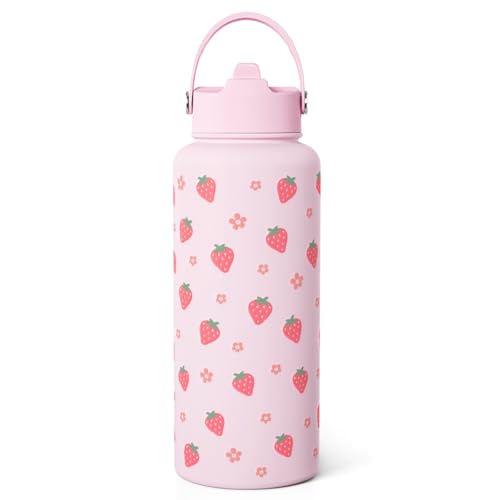 Strawberry Girls Water Bottle 32oz Stainless Steel with Lid & Straw, Insulated Bottles for Women Girls, Gifts Ideas for Birthday Christmas
