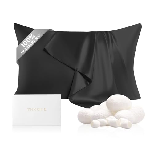 Image of THXSILK 100% Pure Mulberry Silk Pillowcase for Hair and Skin, Grade 6A+ Mulberry Silk Pillow Case 22 Momme Silk, Hypoallergenic Pillow Case Cover with Zipper, 1pc (Queen 20 inchx30 inch, Black)