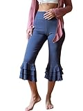 Bocymolay Women Casual Capri Pants Ruffle Hem Flare Knee Length Leggings Yoga Pants Workout Athletic Summer(Ruffle Blue,XL)